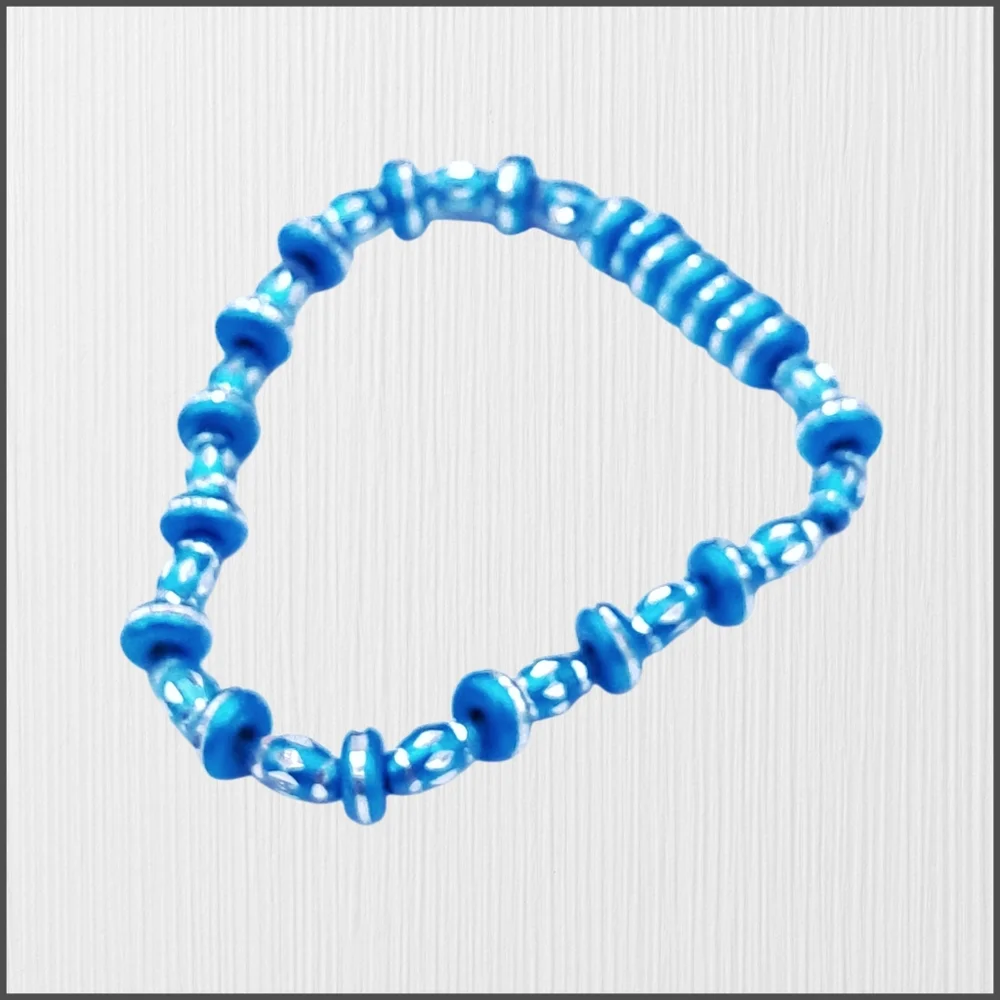 Teal Blue and Silver Beaded Stretch Bracelet | Mixed Disc & Faceted Beads